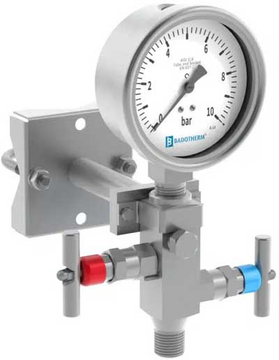 2 way needle valve manifold with pressure gauge and braket support